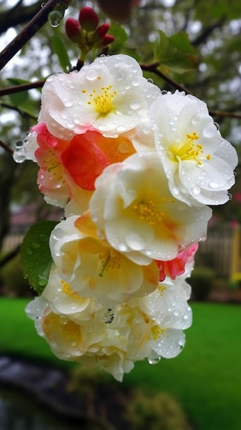 A bunch of flowers with yellow, pink, and orange on them.