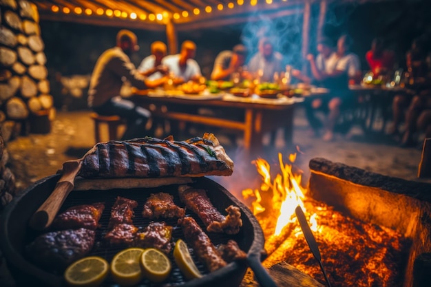 Bunch of food is being cooked on grill in front of fire Generative AI