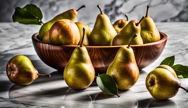 Bunch of fresh bio pears in wooden bowl on marble surface