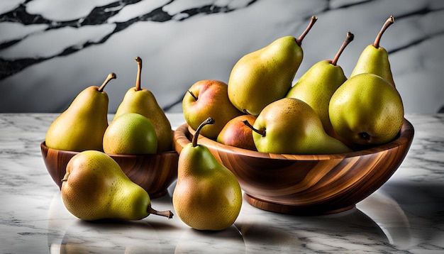 Bunch of fresh bio pears in wooden bowl on marble surface