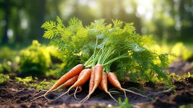 A bunch of fresh carrots with greens on the ground Selective focus Nature background