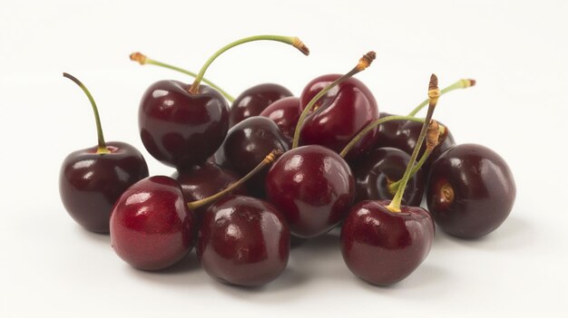 Bunch of fresh dark red cherries with stems on a white background in a detailed closeup shot