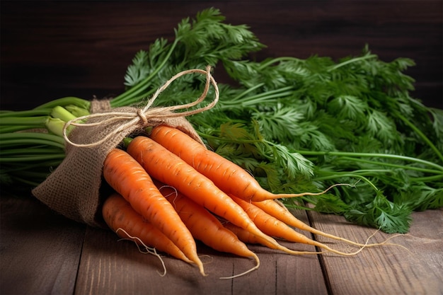 Bunch of Fresh Juicy Carrots with Greens Tied Together