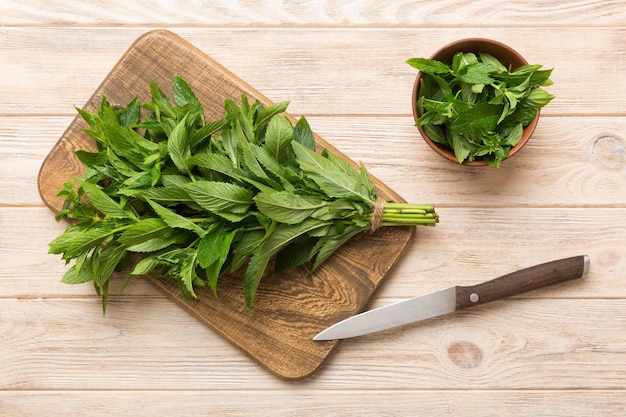 Bunch of fresh mint on the cutting boards colored background top view