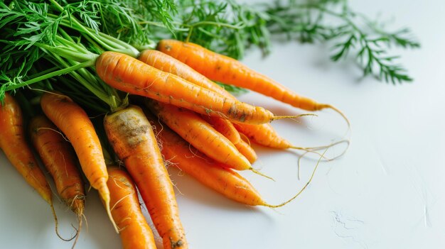 A bunch of fresh orange carrots with green tops on a white background