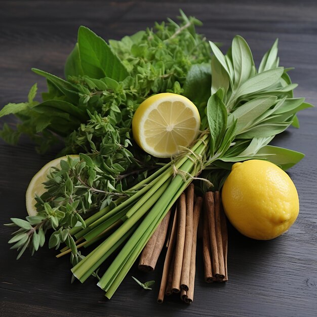 a bunch of fresh vegetables including lemon parsley and parsley