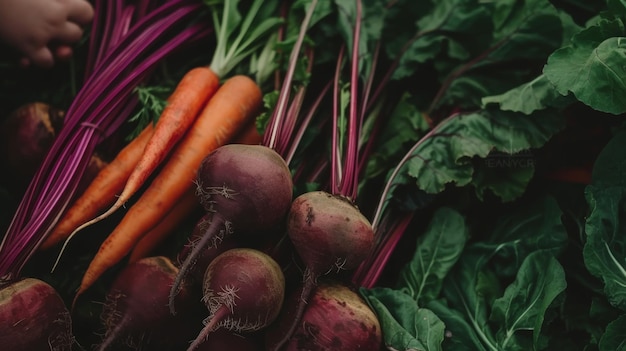 bunch of freshly harvested beets with vibrant pink stems and roots attached positioned next to a bunch of orange carrots with green tops