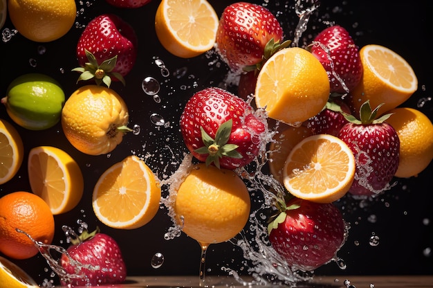 A bunch of fruit being sprayed with water