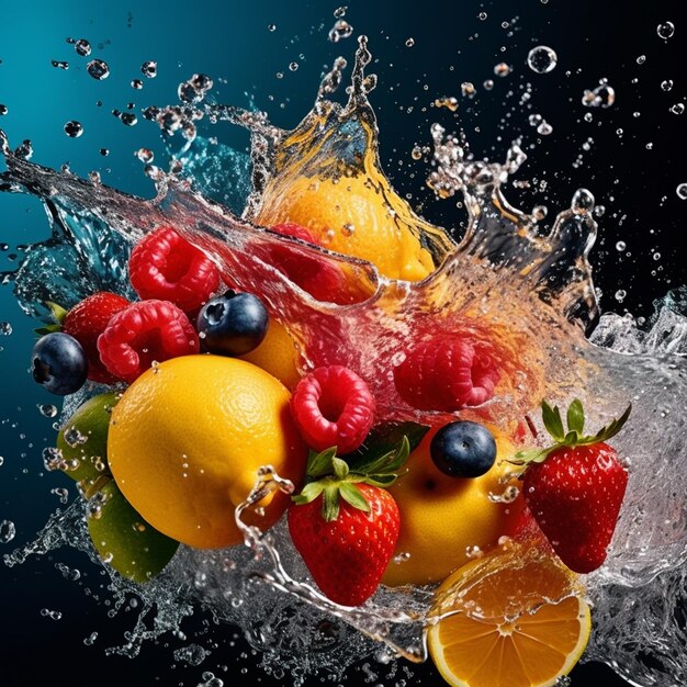 A bunch of fruit in a bowl with water splashing around it