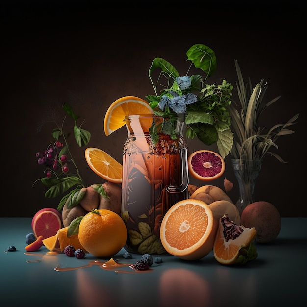 A bunch of fruit and a drink with a dark background