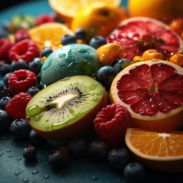 A bunch of fruit including kiwi, kiwi, kiwi, and blueberries.