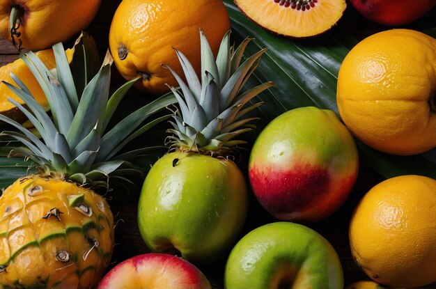 a bunch of fruit including one that has a pineapple on it