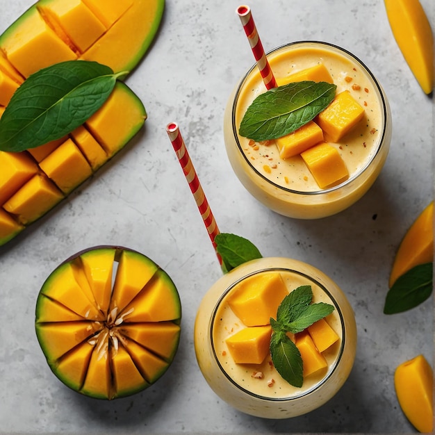 a bunch of fruit is on a table with a drink with a straw