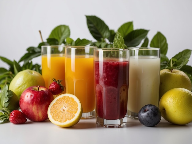 a bunch of fruit and juices are arranged in a row