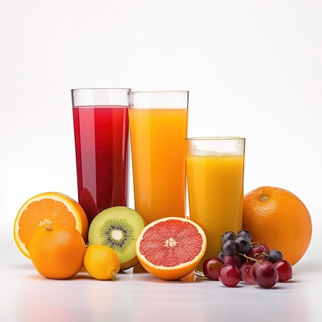 A bunch of fruit and juices are on a table.