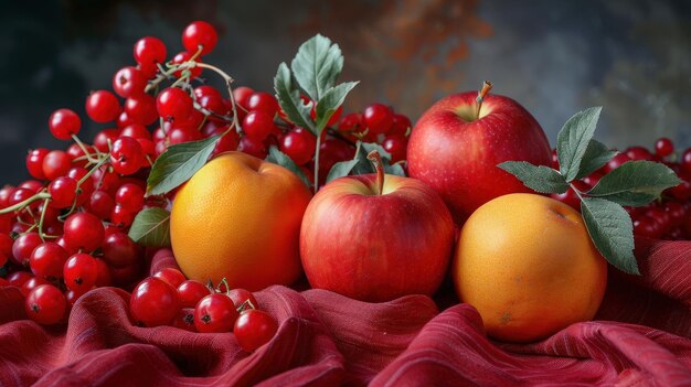 a bunch of fruit sitting on top of a red cloth