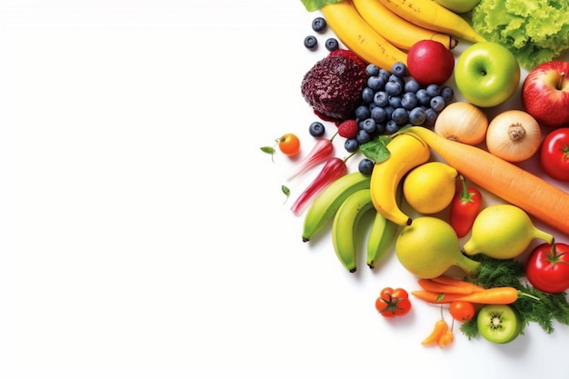 A bunch of fruits are piled up on a white background.