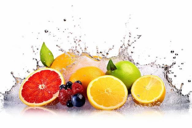 a bunch of fruits are in a water splash