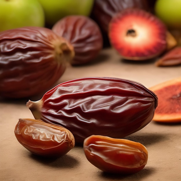 A bunch of fruits and a red apple are in the background.