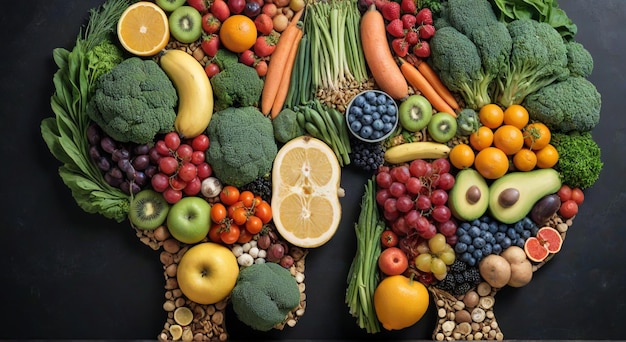 a bunch of fruits and vegetables are on a black surface