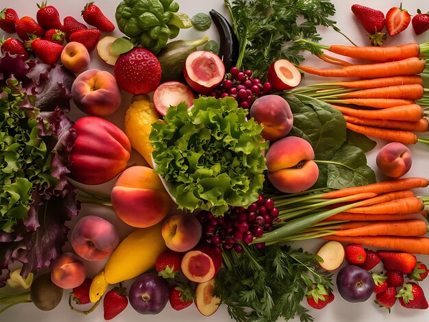 a bunch of fruits and vegetables are on a table