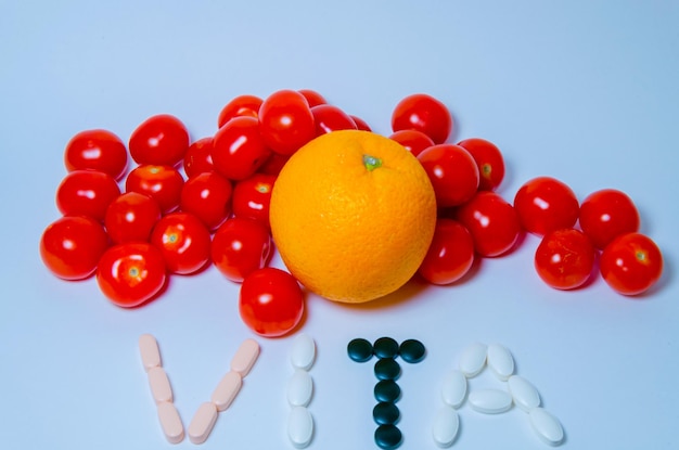 A bunch of fruits and vegetables with the word v on them