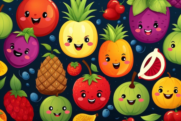 a bunch of fruits with a smile on them.