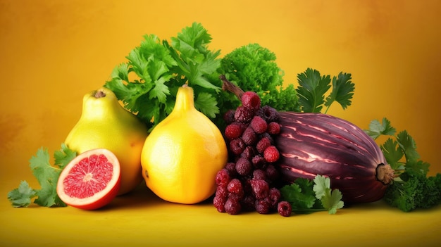 A bunch of fruits on a yellow background