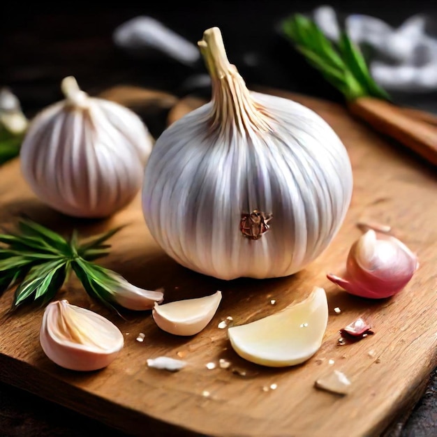 a bunch of garlic and garlic on a cutting board