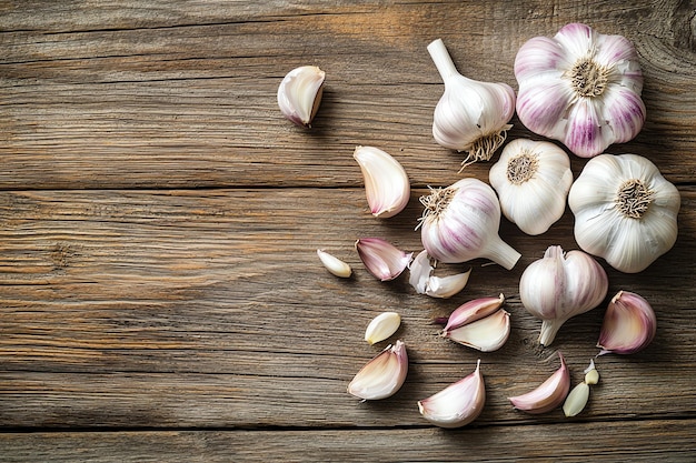 a bunch of garlic on a wooden table