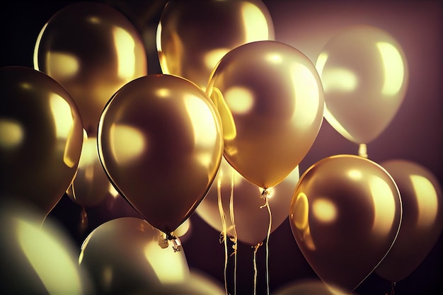 Bunch of golden balloons on a dark backgroundgenerative ai