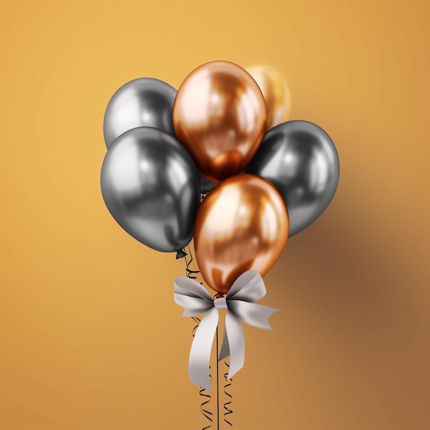 Bunch of Golden and Silver Balloons tied with a ribbon bow