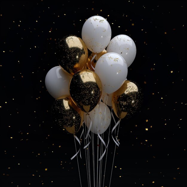 Photo bunch of golden and white balloons with ribbons on black background