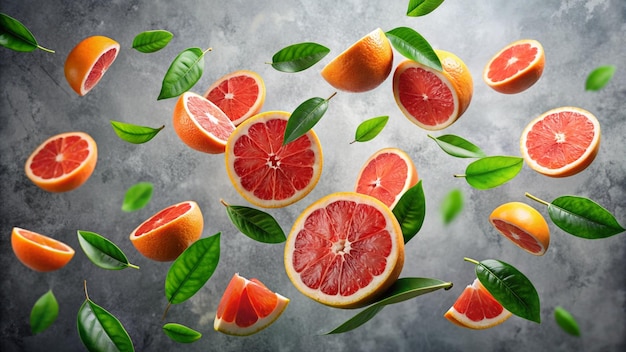 a bunch of grapefruits are on a table with leaves and leaves