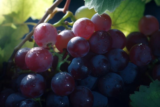 A bunch of grapes are on a table with a green leaf.