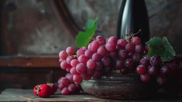 a bunch of grapes are on a table with a picture of a berry