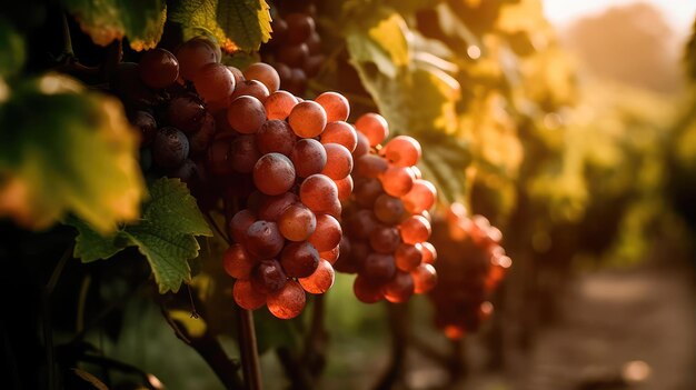 Bunch of grapes hanging from a tree branch in a vineyard at sunset Generative AI