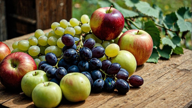 a bunch of grapes and a red apple are on a table