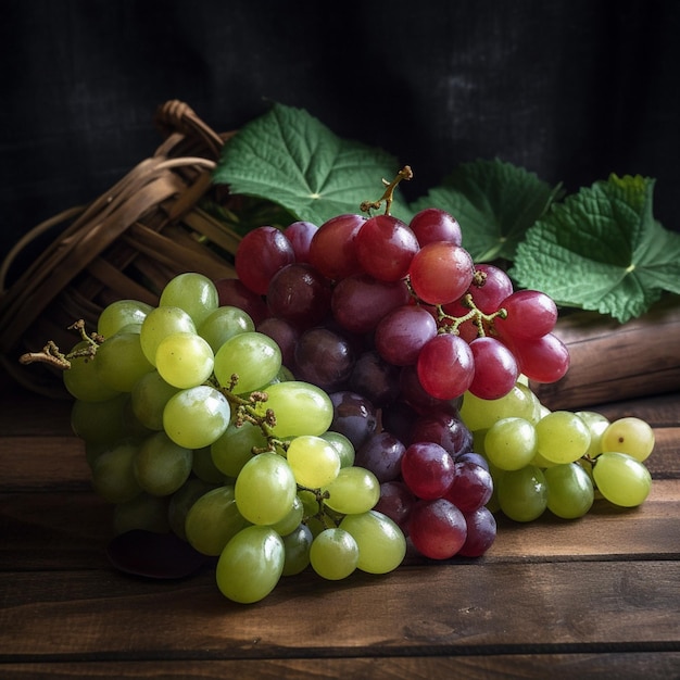 a bunch of grapes on a table with a chalkboard behind it