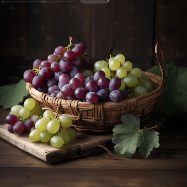 a bunch of grapes on a table with a chalkboard behind it