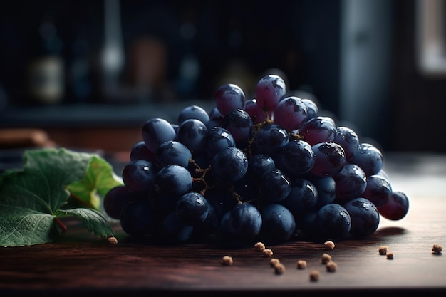 A bunch of grapes on a table with a green leaf next to it