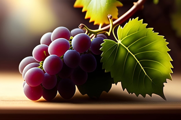 A bunch of grapes on a table with a leaf