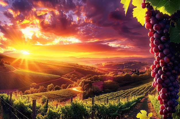 Bunch of grapes on vine under sunset sky with orange afterglow