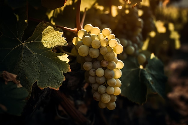 A bunch of grapes on a vine with the sun shining on them