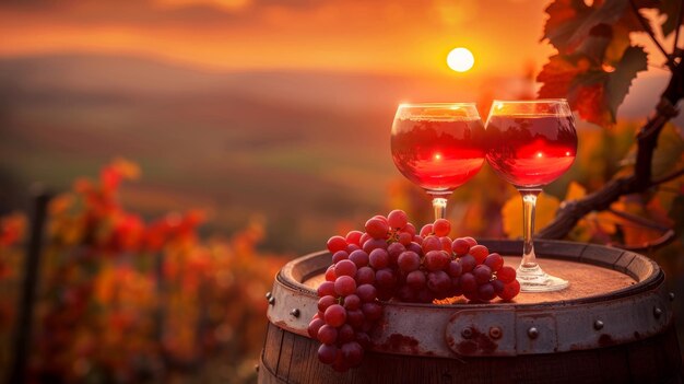 Bunch of grapes and wine glasses on wooden barrel with beautiful sunset background