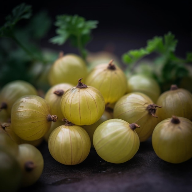 A bunch of grapes with a green leaf on the top.