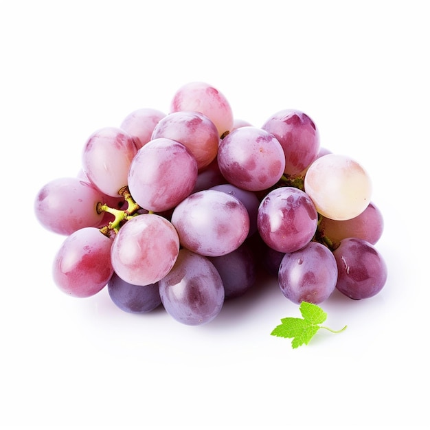 A bunch of grapes with a green leaf on the top.