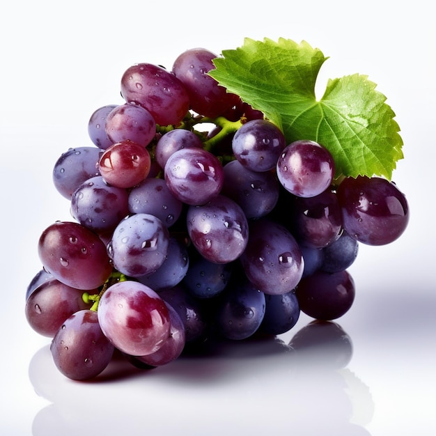 A bunch of grapes with a green leaf on the top.