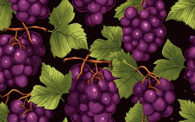 a bunch of grapes with green leaves on a black background