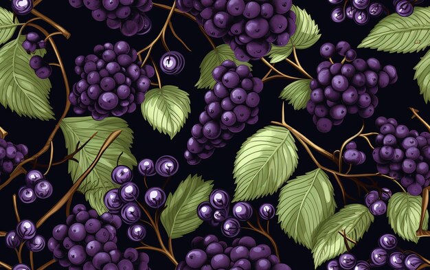 a bunch of grapes with green leaves on a black background